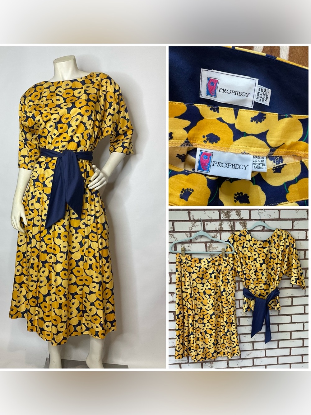 Vintage 80s Yellow Floral Print Cotton Peplum Wrap Top & Pleated Skirt Set Med